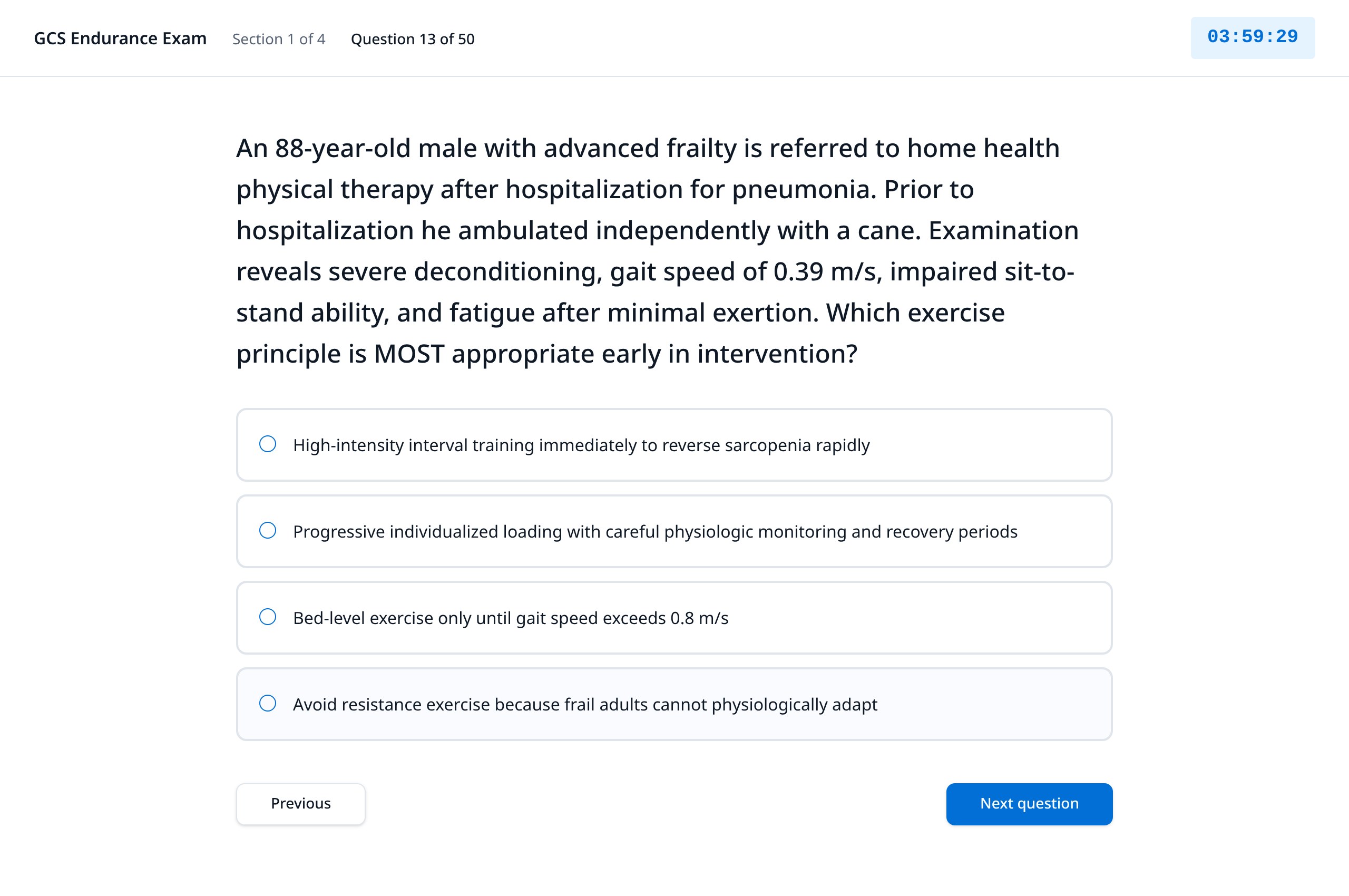 GCSprep endurance exam in progress: section 1 of 4, question 13 of 50, a running four-hour countdown timer, a clinical vignette about an 88-year-old with advanced frailty, and five answer options